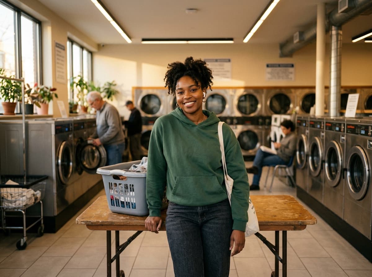 Happy couple smiling inside Nifty Laundromat with commercial washers in East Windsor CT