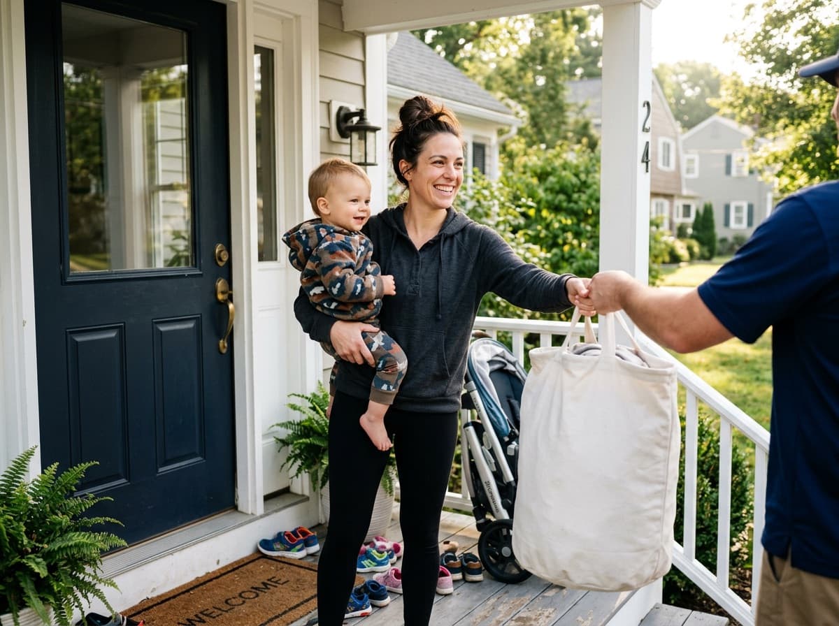 Laundry delivery bag on doorstep from Nifty Laundromat pickup and delivery service CT