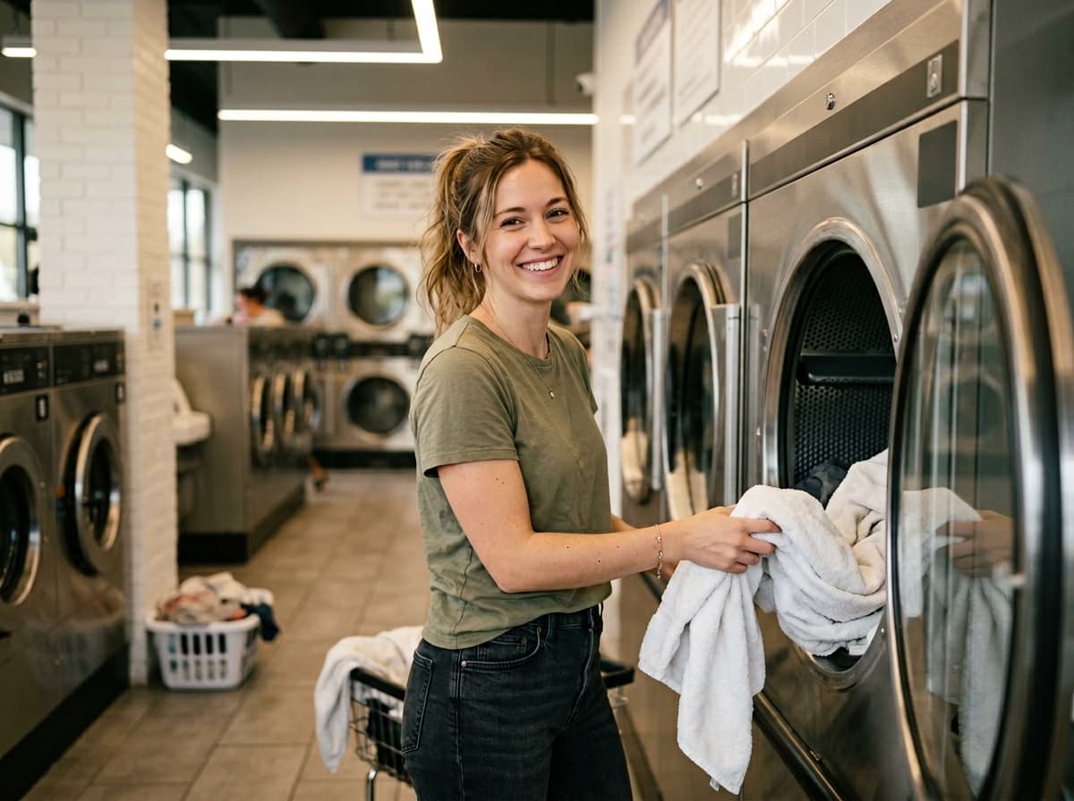 Row of commercial front-loading washers at Nifty Laundromat East Windsor CT